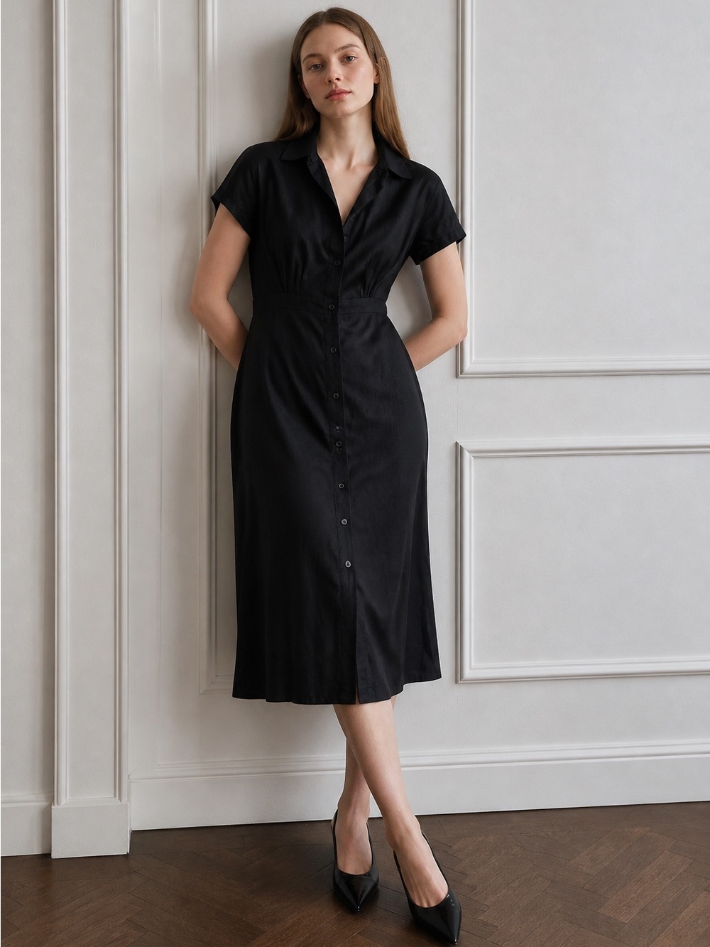 🖤 Hugo Boss BOSS Black Linen Button-Front Dress | Size S | Made in Italy